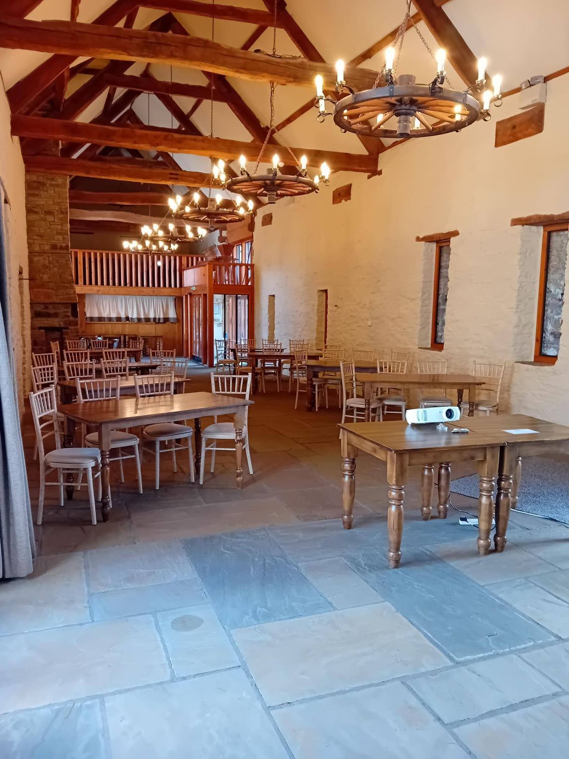 Tables laid out herringbone style with a projector