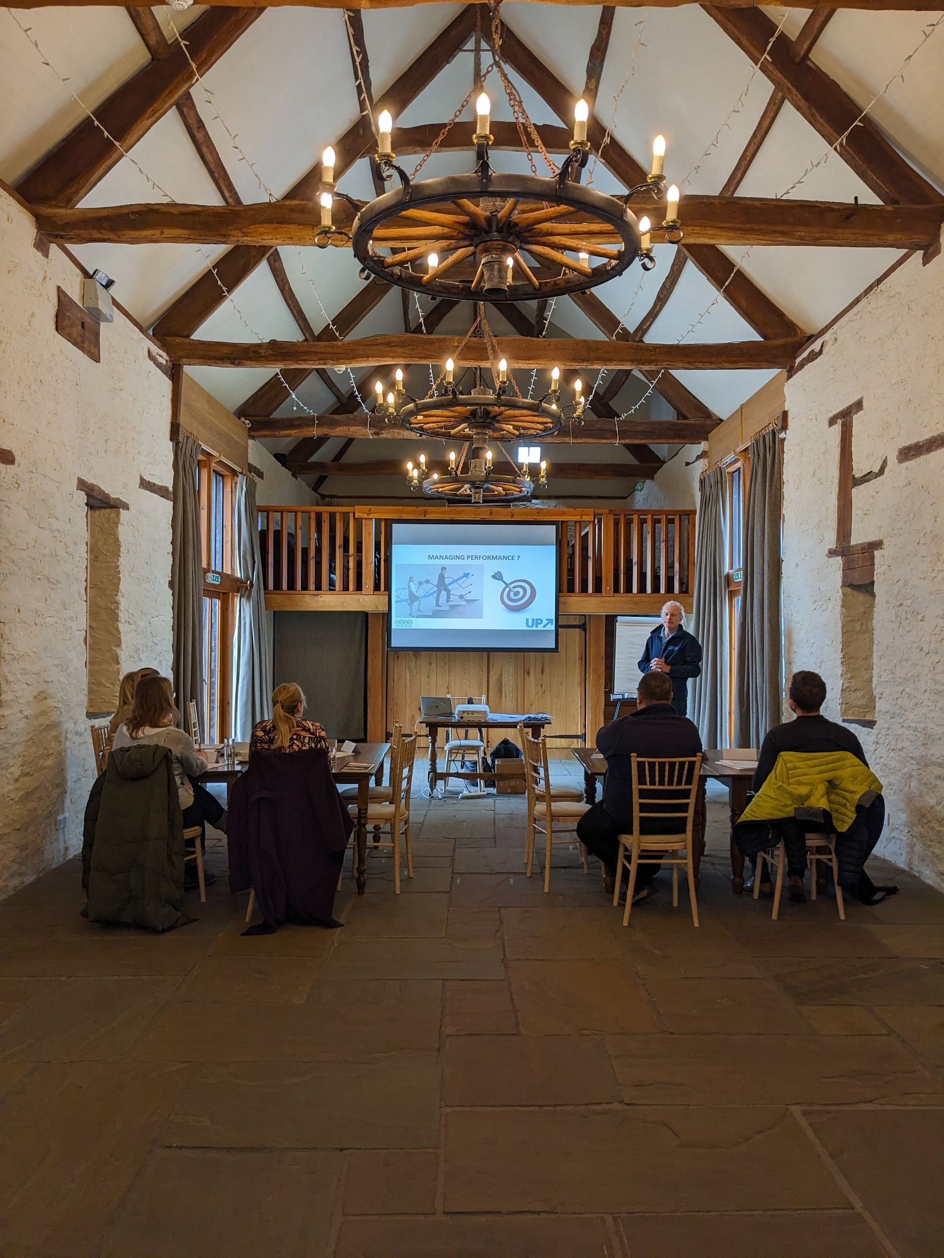 projector and screen set up in the Barn at Brynich