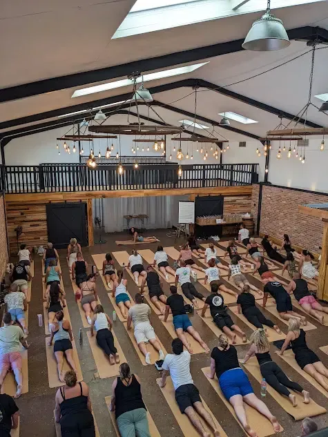 A group of people doing yoga in venue space in Brecon