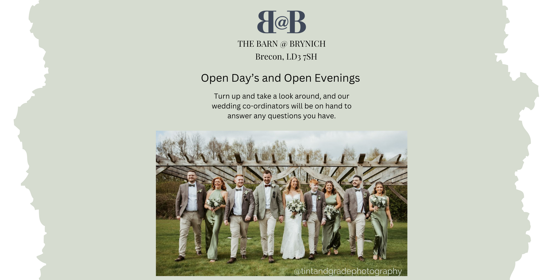 A poster showing a group of people at a wedding under the pergola walking towards the camera.