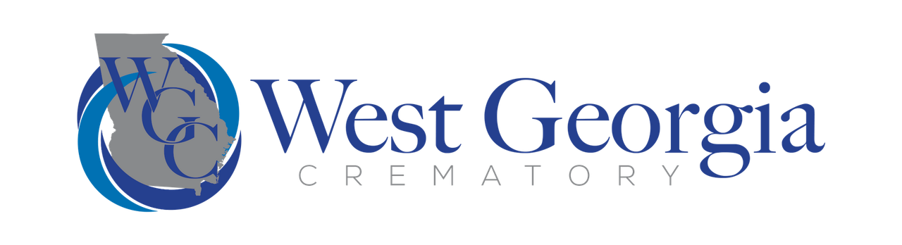 The logo for west georgia crematory is blue and gray