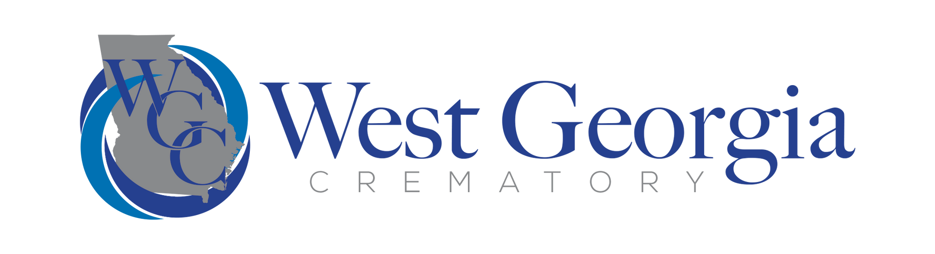 The logo for west georgia crematory is blue and gray