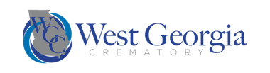 The logo for west georgia crematory is blue and gray
