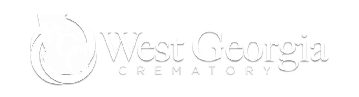 A white logo for west georgia crematory on a white background.