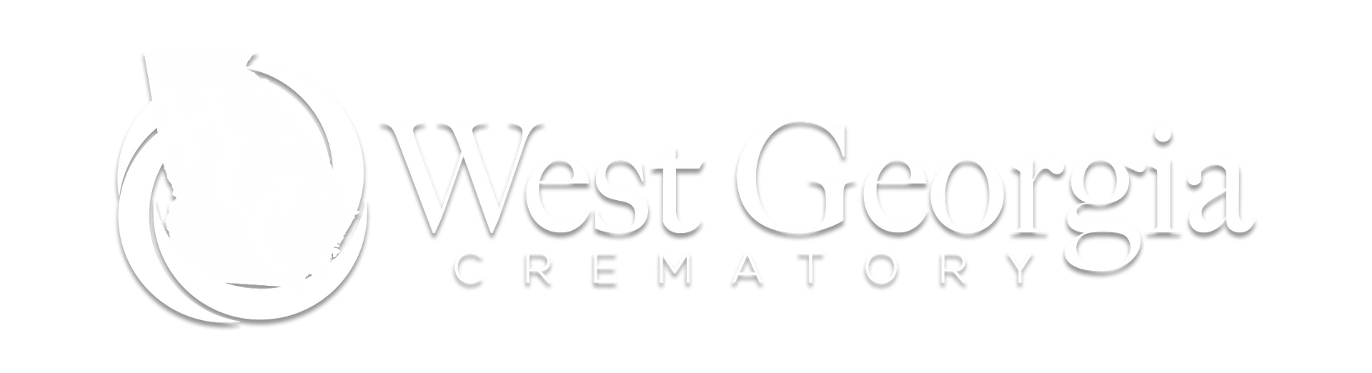 A white logo for west georgia crematory on a white background.