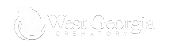 A white logo for west georgia crematory on a white background.