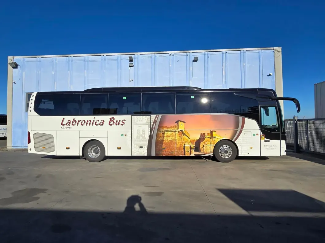 Un autobus bianco della "Labronica" parcheggiato sul cemento di fronte a un edificio blu, con un murale paesaggistico sul fianco.