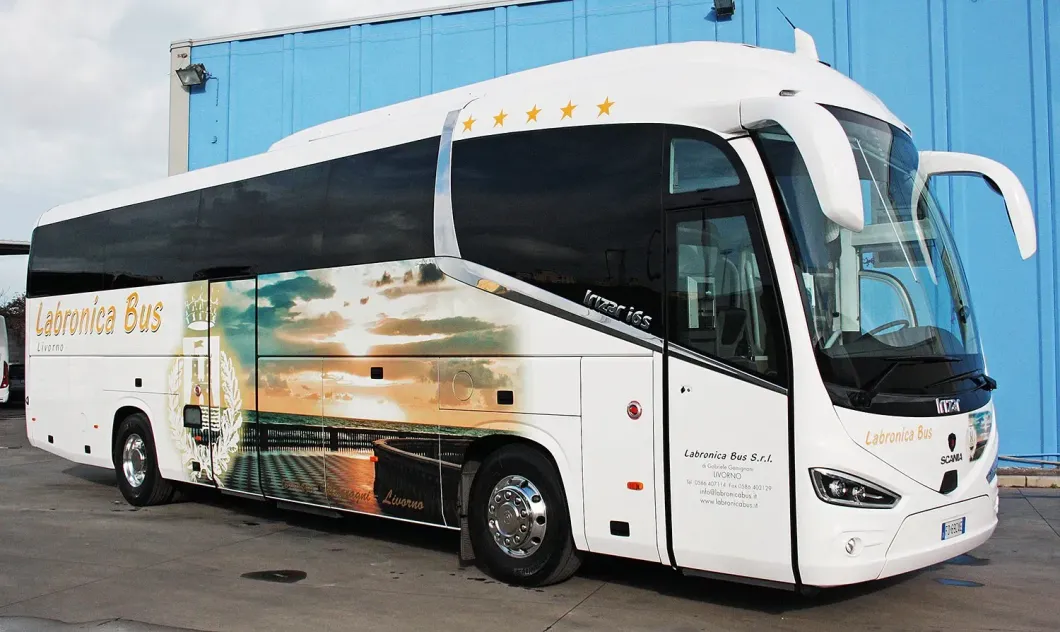 Un autobus bianco con un adesivo raffigurante un paesaggio sul fianco, parcheggiato davanti a un muro blu.
