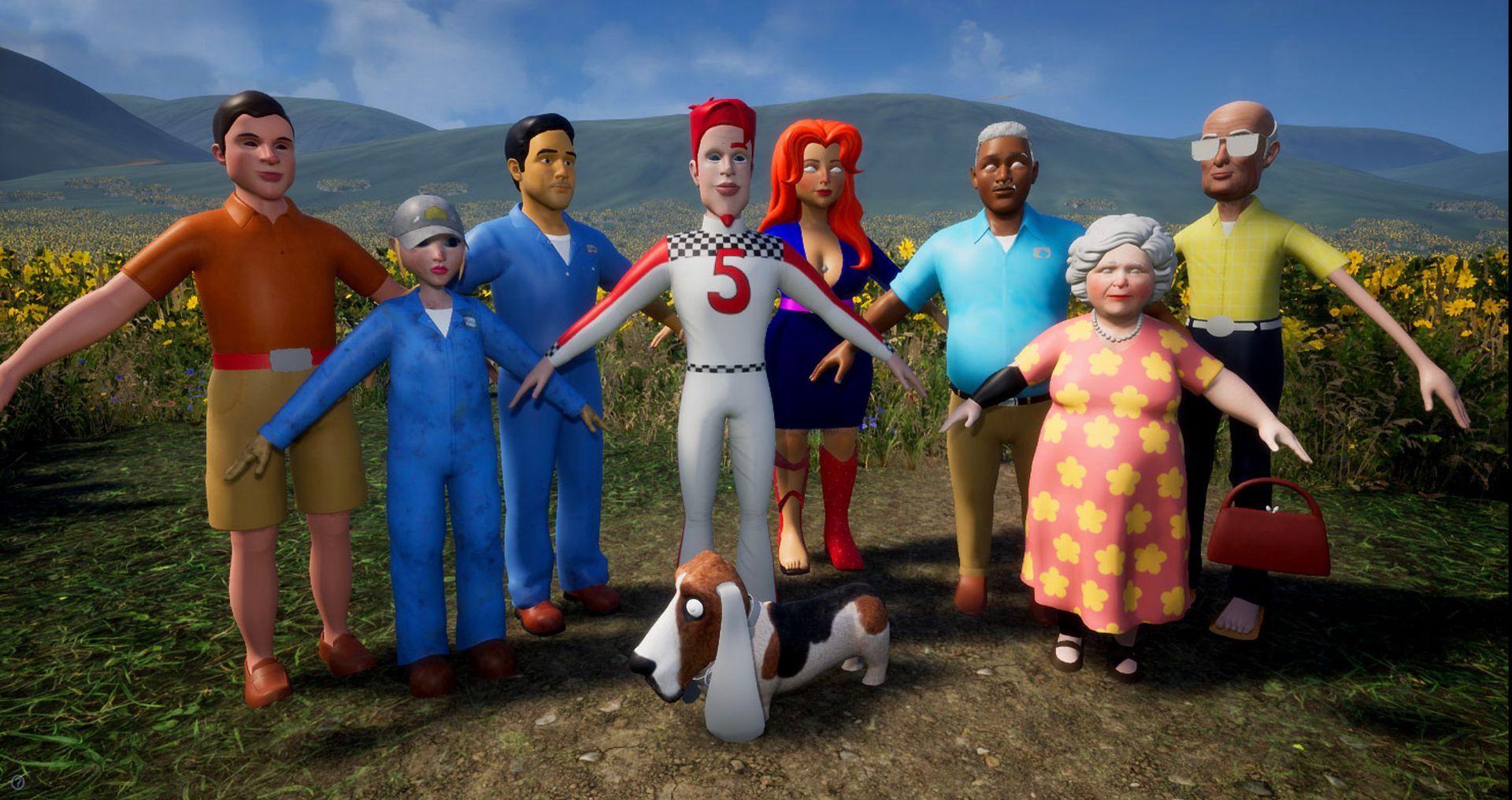 A group of cartoon characters standing next to each other in a field.