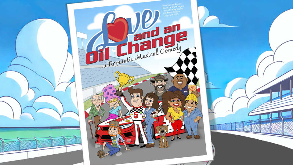 A poster for love and an oil change shows a group of people standing next to each other on a race track.
