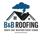 B&B Roofing logo with house roof, storm cloud, lightning, and tagline &ldquo;Roofs that weather every storm&rdquo;