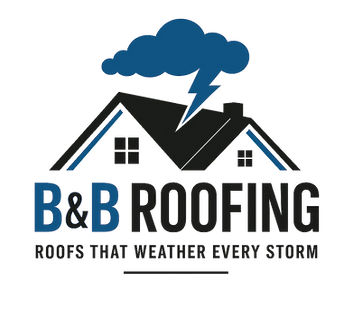 B&B Roofing logo with house roof, storm cloud, lightning, and tagline &ldquo;Roofs that weather every storm&rdquo;