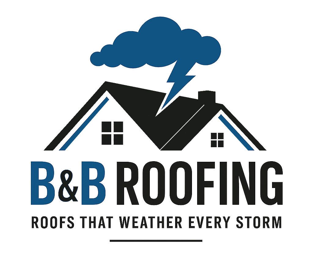 B&B Roofing logo with house roof, storm cloud, lightning, and tagline &ldquo;Roofs that weather every storm&rdquo;