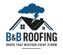 B&B Roofing logo with house roof, storm cloud, lightning, and tagline &ldquo;Roofs that weather every storm&rdquo;