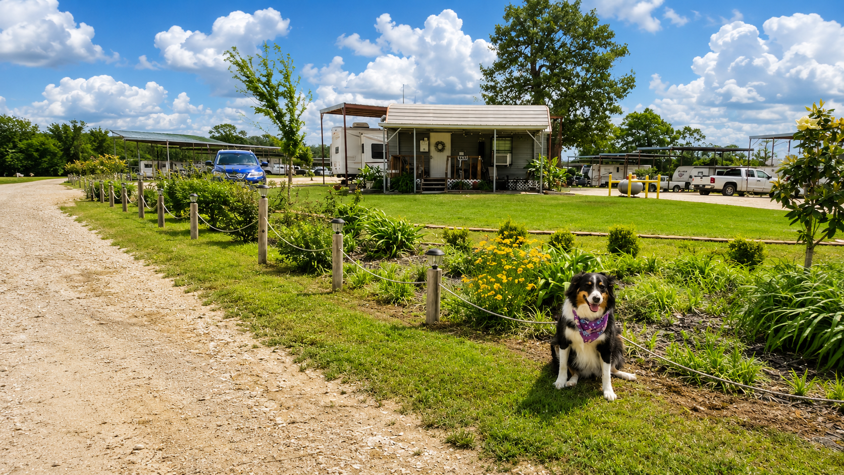 Dog sitting beside a gravel path near a small house and garden under a bright blue sky