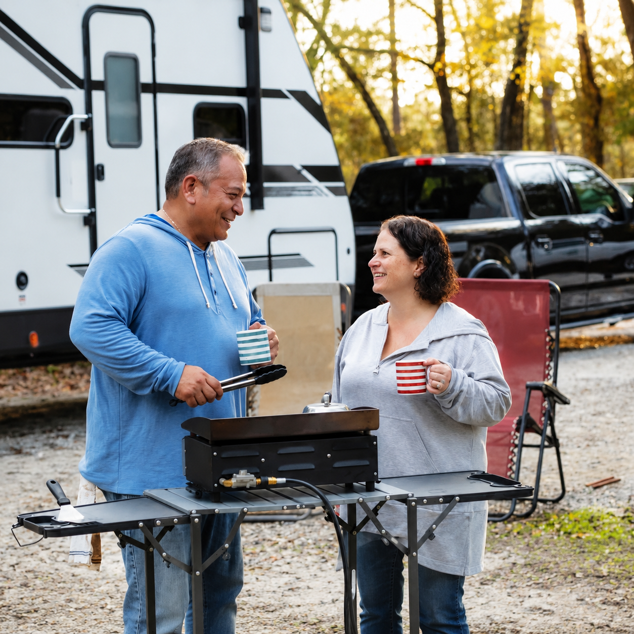 Two people chatting beside a small grill outside an RV, holding drinks at a campsite.