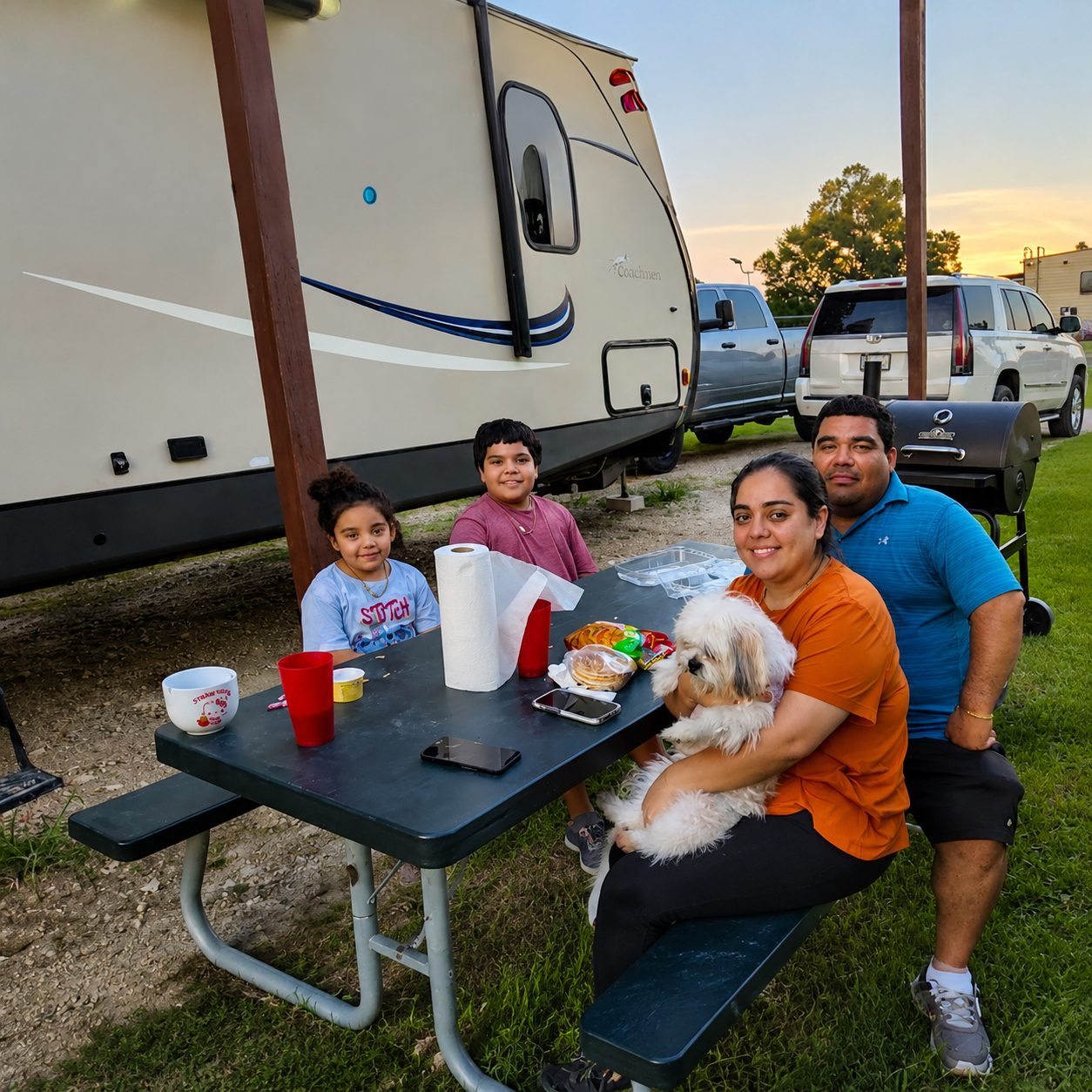 Family sitting at a picnic table beside a camper, with drinks and food, outdoors at sunset.