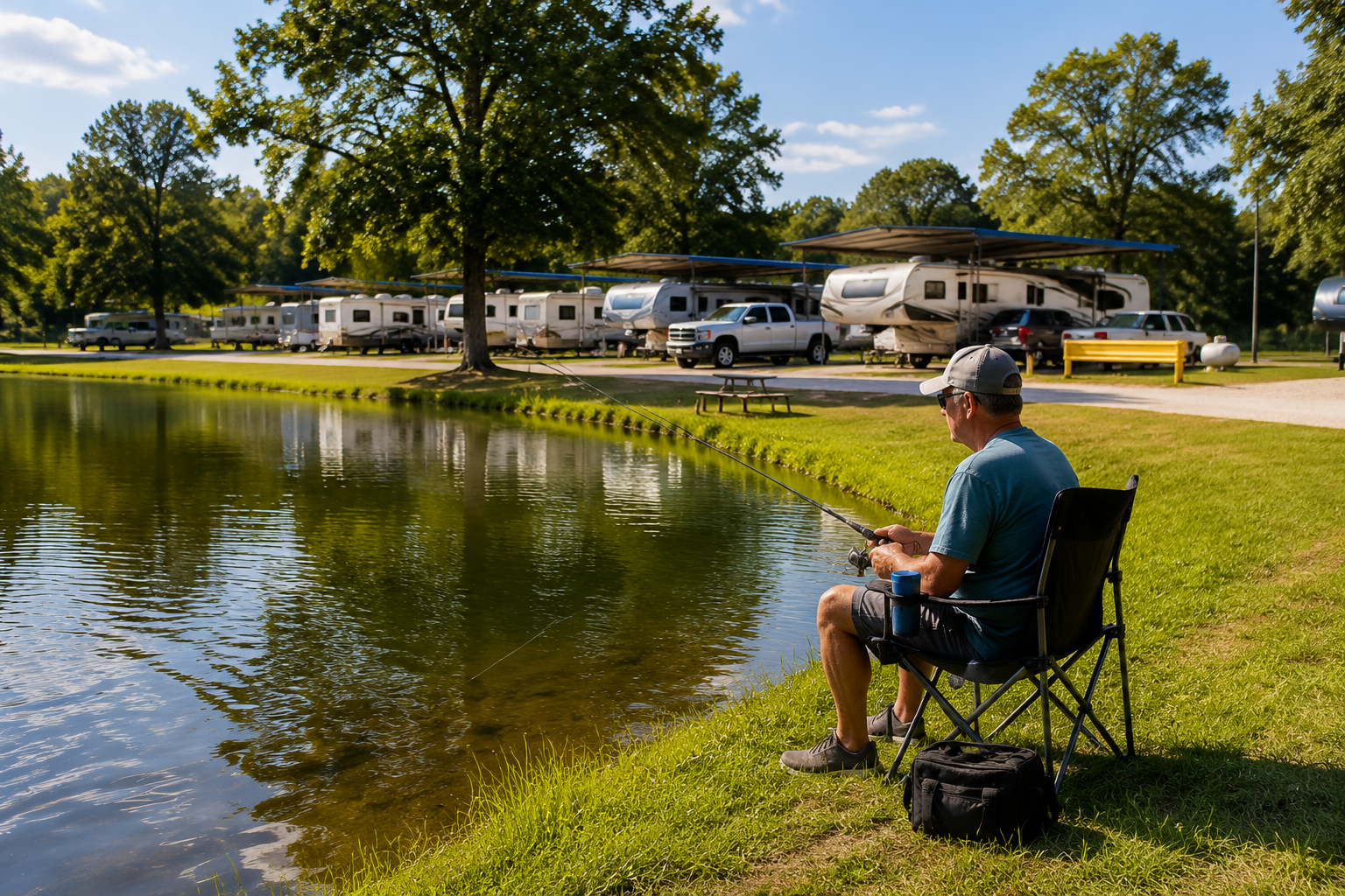 Man fishing beside a calm pond with RVs and trees reflected in the water
