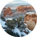 Snowy canyon with red rock cliffs and shrubs beneath a cloudy sky