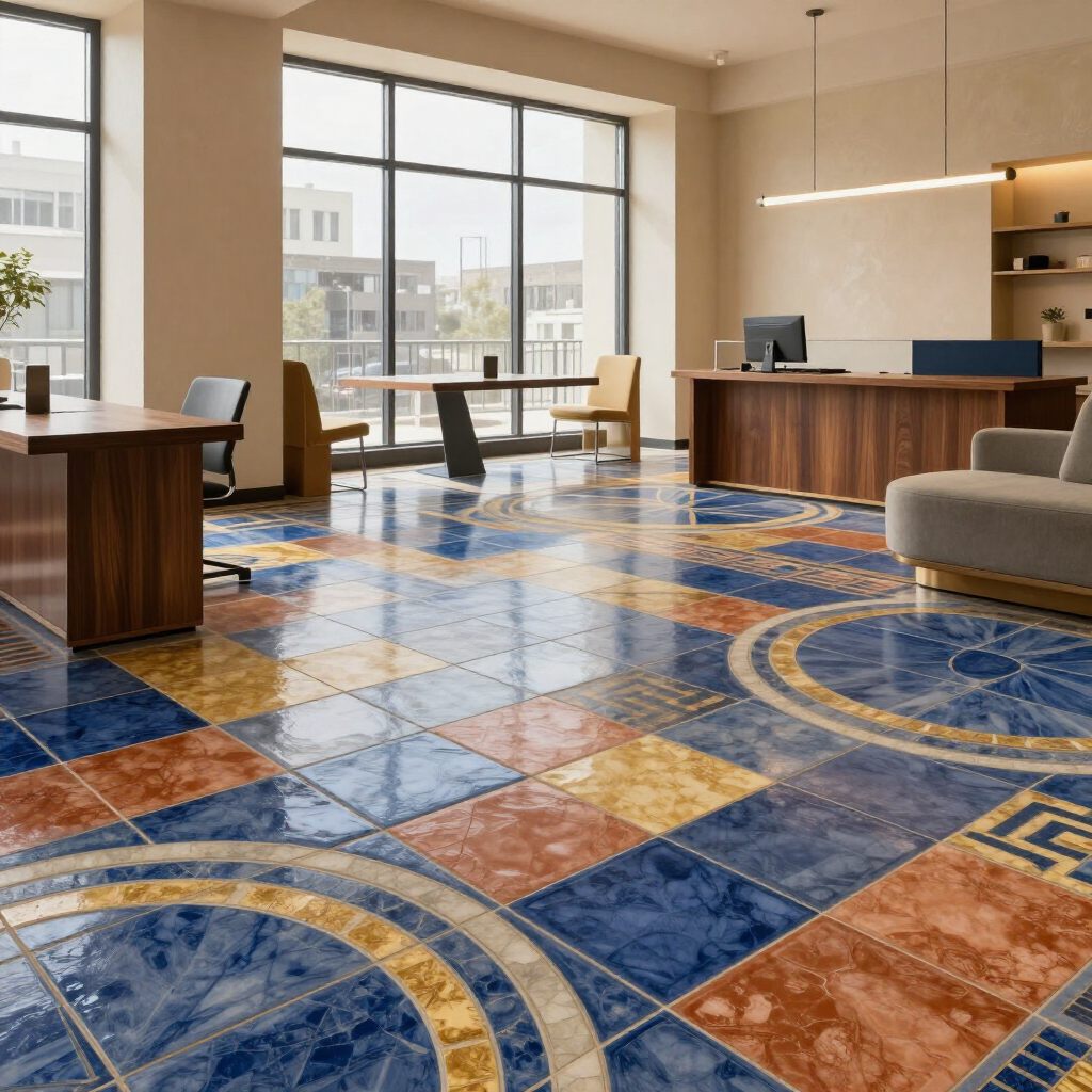 Modern office lobby with desks, large windows, and blue-and-orange patterned tile floor