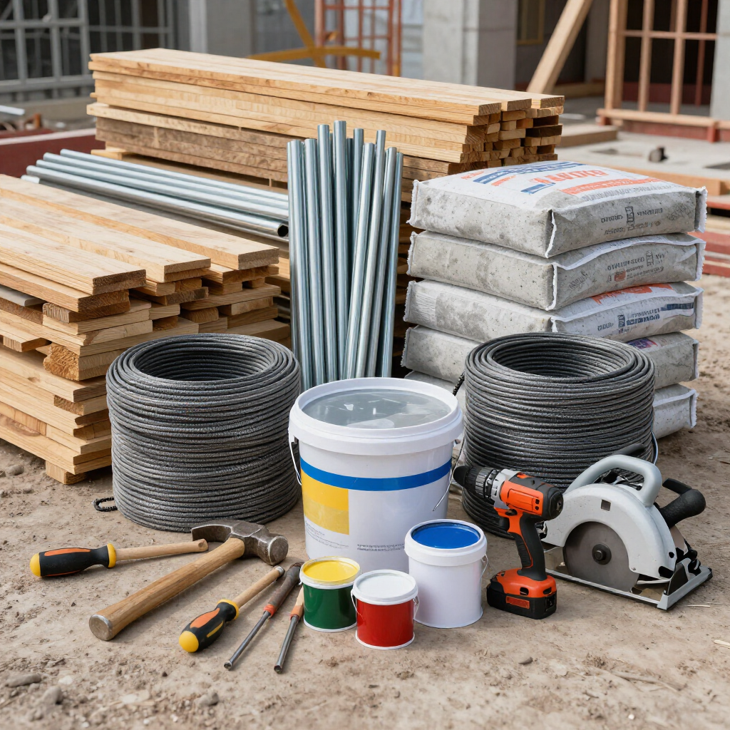 Construction materials and tools stacked on a worksite: lumber, pipes, cement bags, coils, paint buckets, and saws.