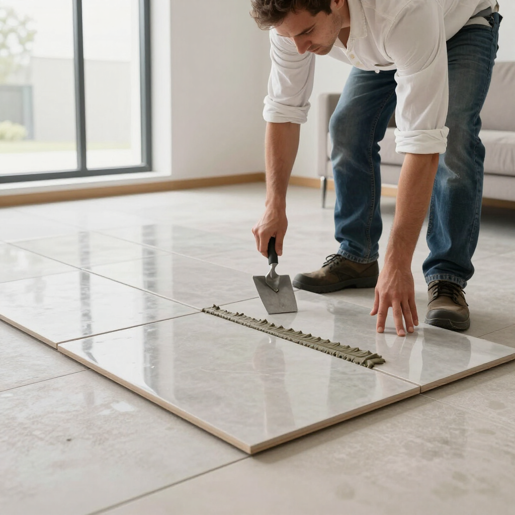 Person laying large ceramic floor tiles with a trowel in a bright room
