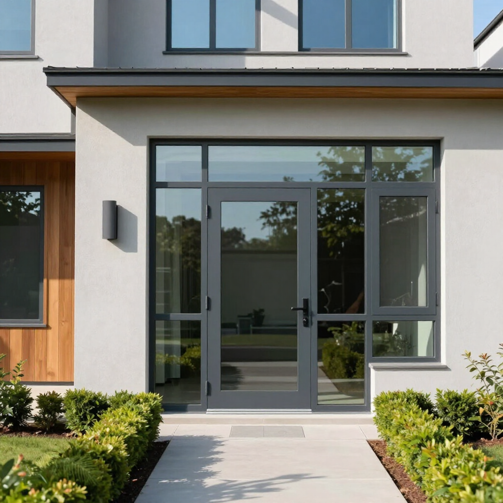 Modern house entrance with glass front door, gray facade, wooden side panel, and landscaped walkway