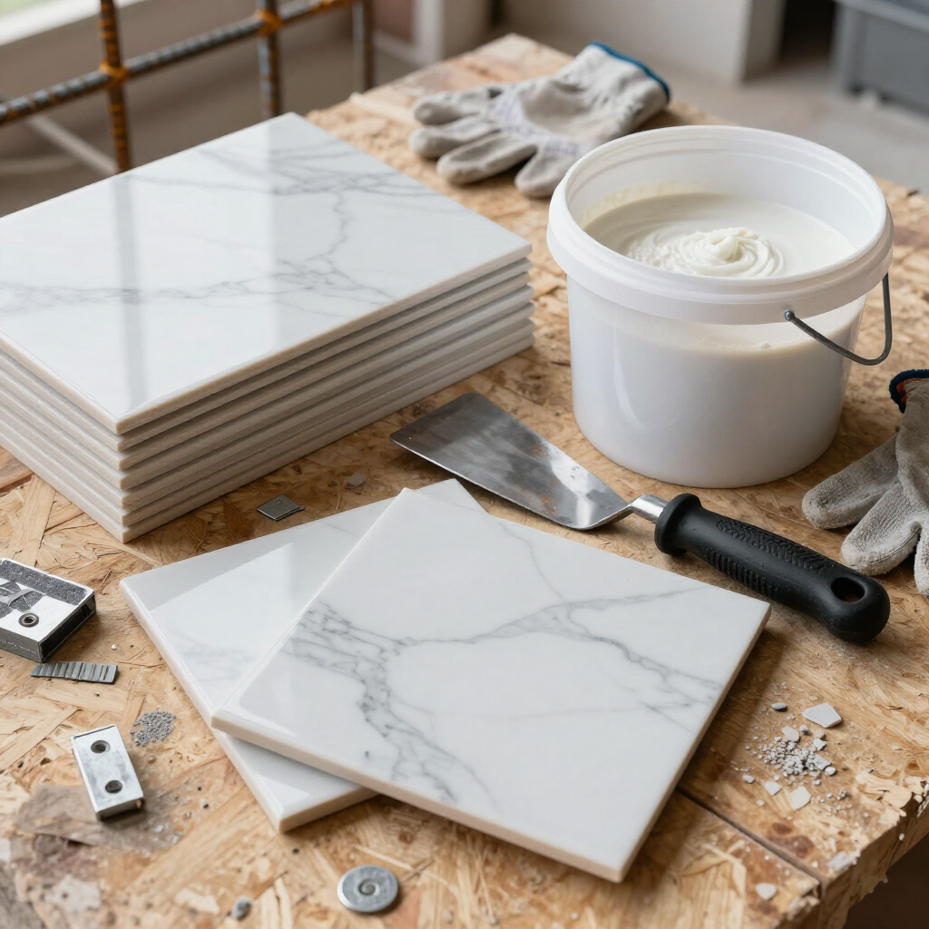 Stacked white marble tiles with trowel, bucket, and gloves on a workbench