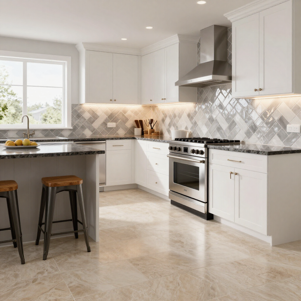 Bright modern white kitchen with island, stainless steel stove, marble counters, and gray tile backsplash