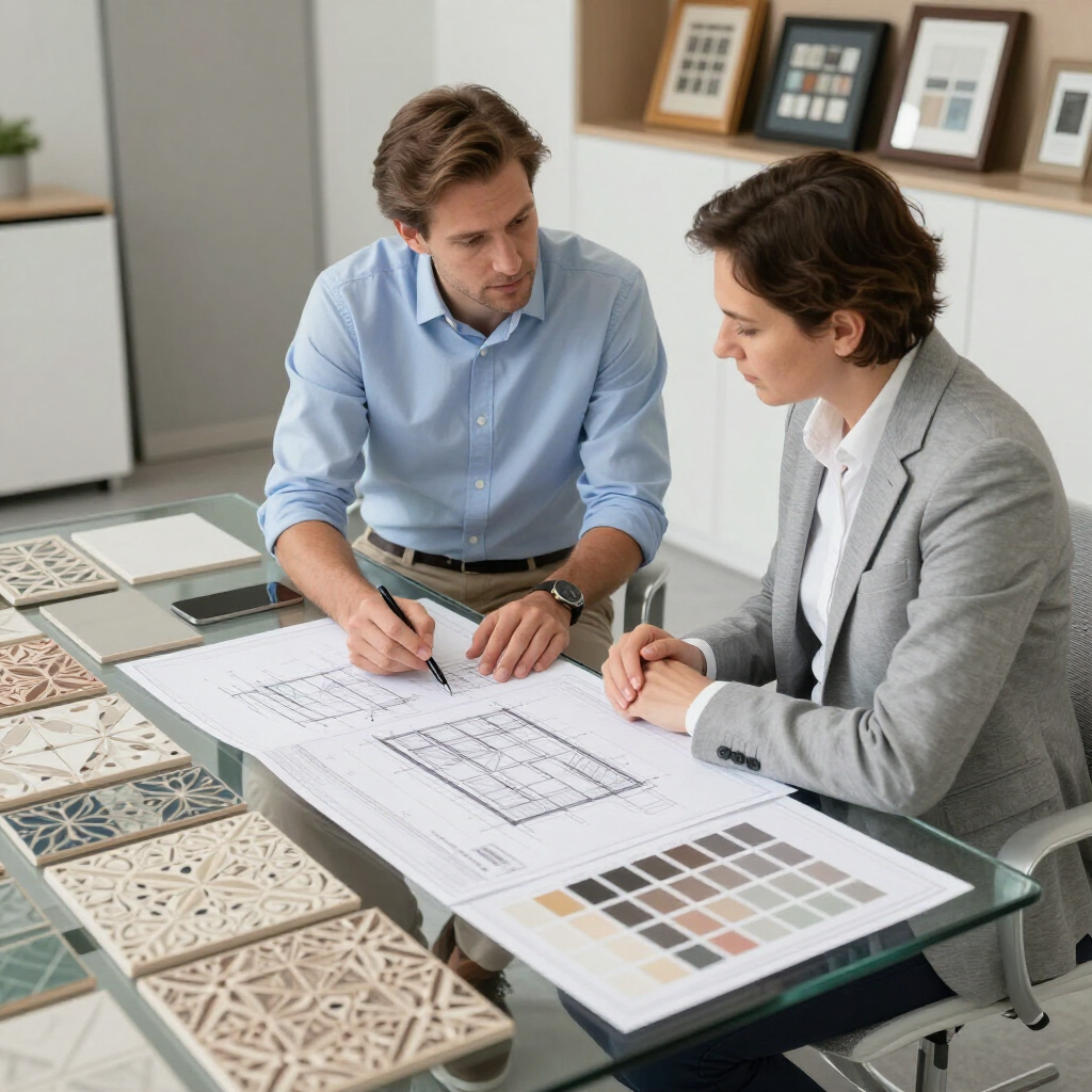 Two people reviewing design samples and charts at a table in a bright office