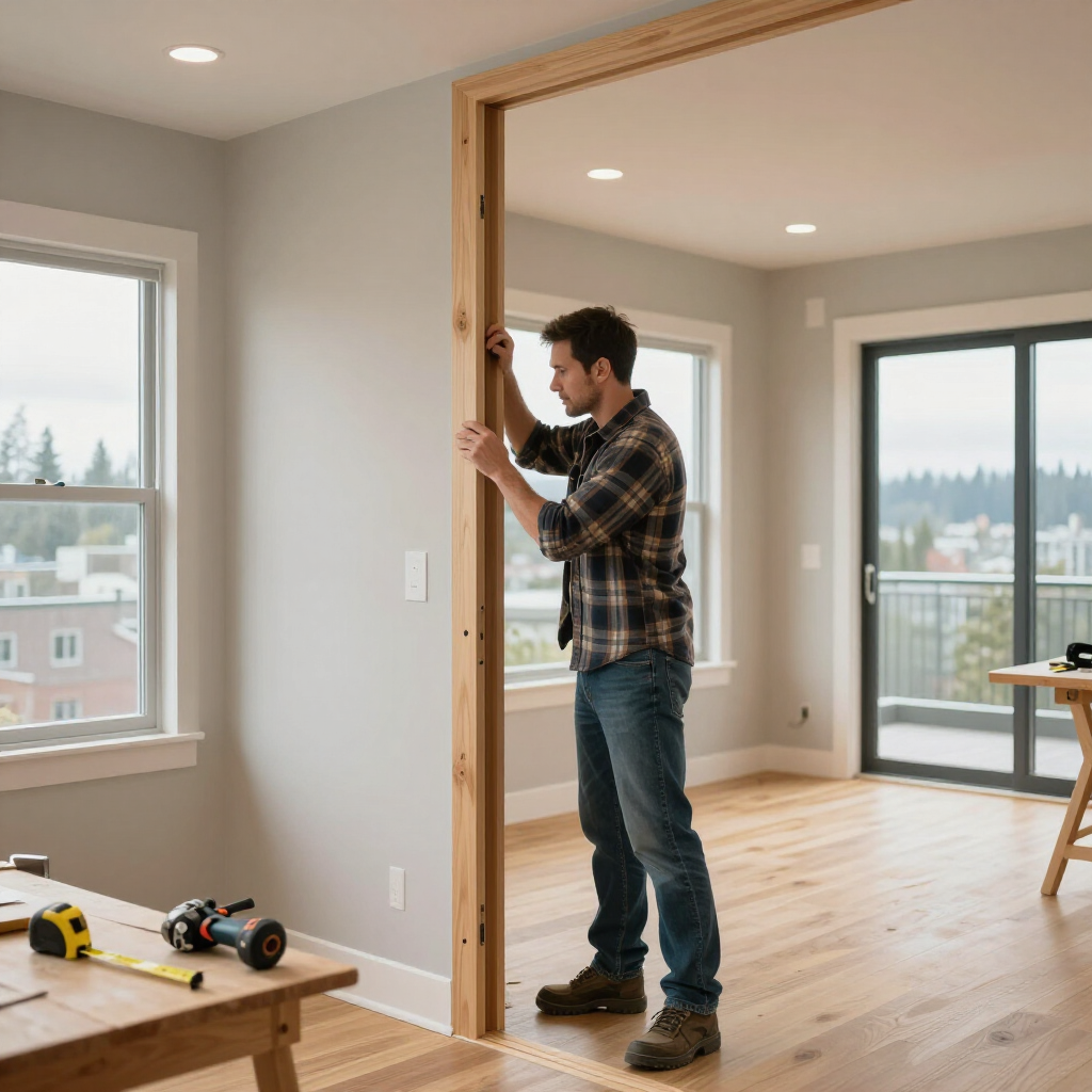 Man measuring a doorway in a bright, unfinished room with tools on a nearby table