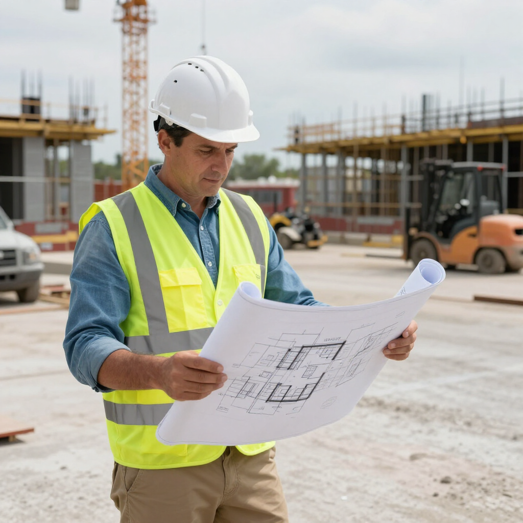 Construction worker in hard hat and neon vest reviewing blueprints at a building site