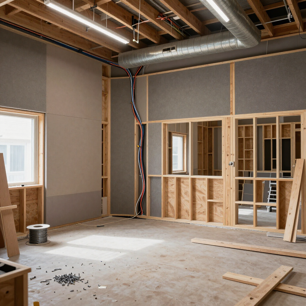 Partially built room with exposed framing, drywall, wiring, and unfinished floor during renovation