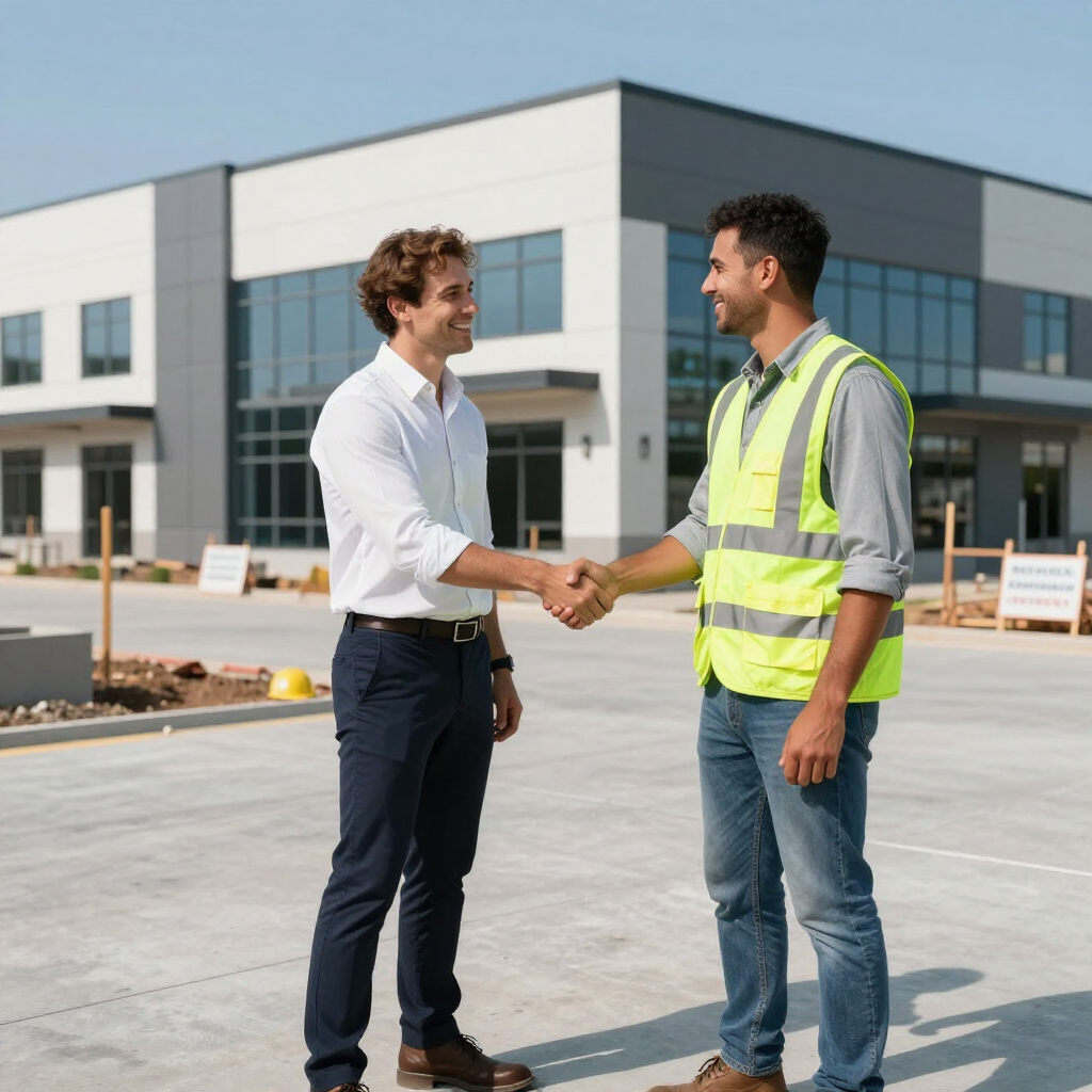 Two men shaking hands outside a modern office building, one in a white shirt and one in a safety vest.