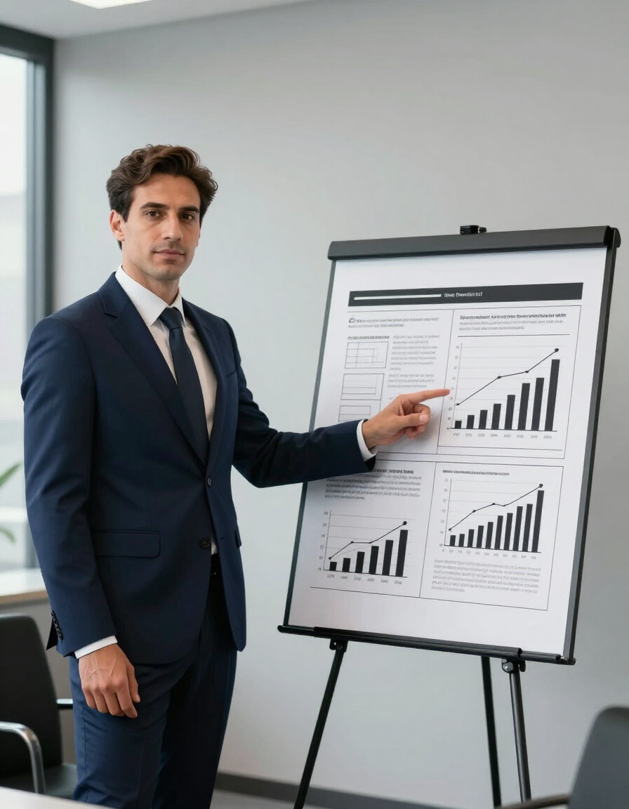 Business presenter in a suit pointing at a flip chart with rising bar graphs during a presentation.