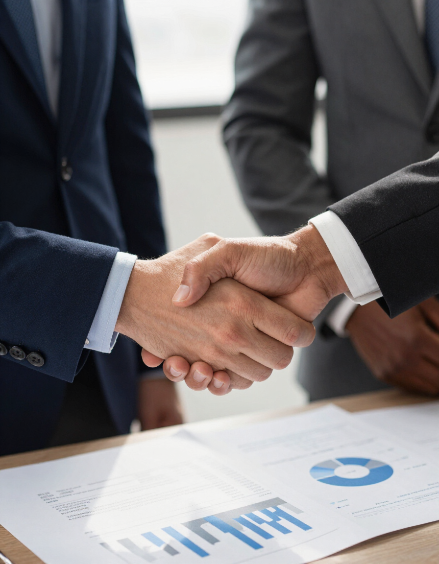 Two people in business suits shaking hands over a desk with charts and graphs.