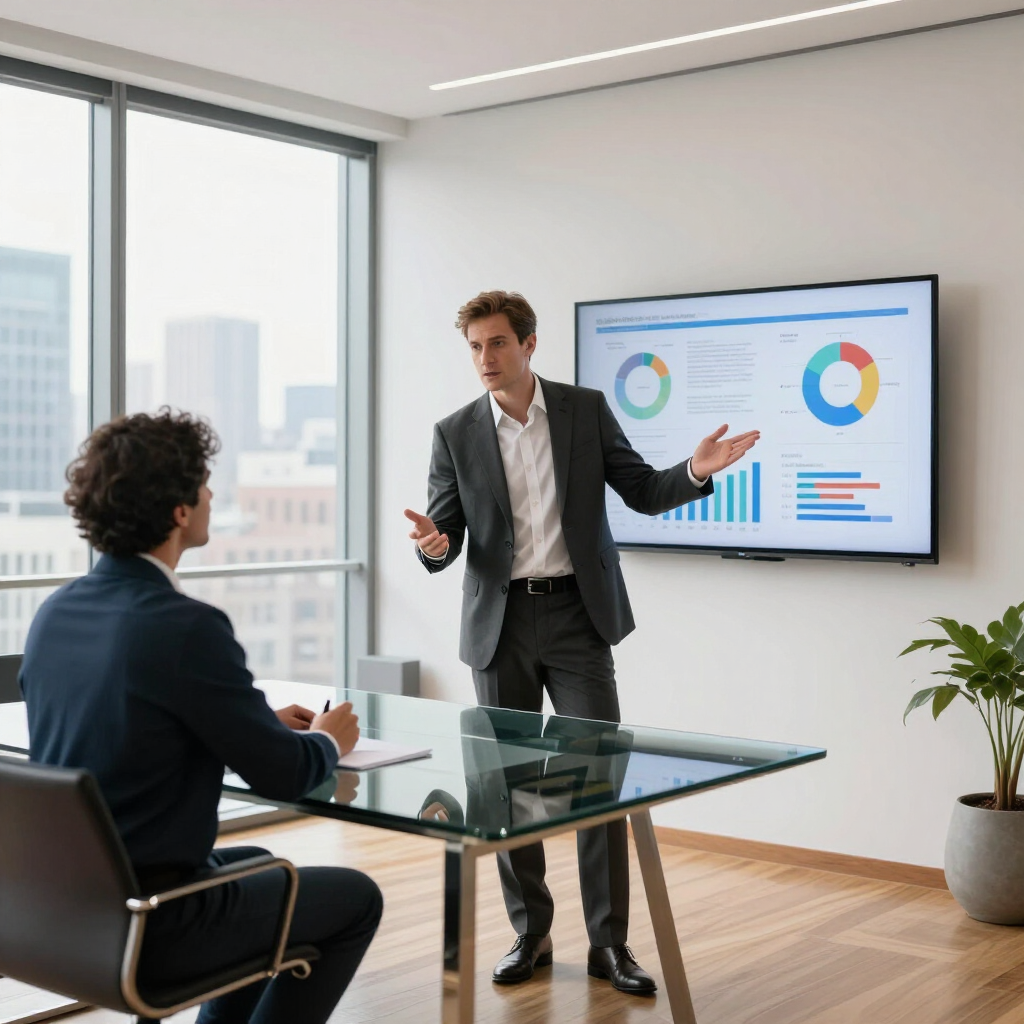 Business presentation in a modern office, with a speaker gesturing beside a screen of charts and a seated listener.