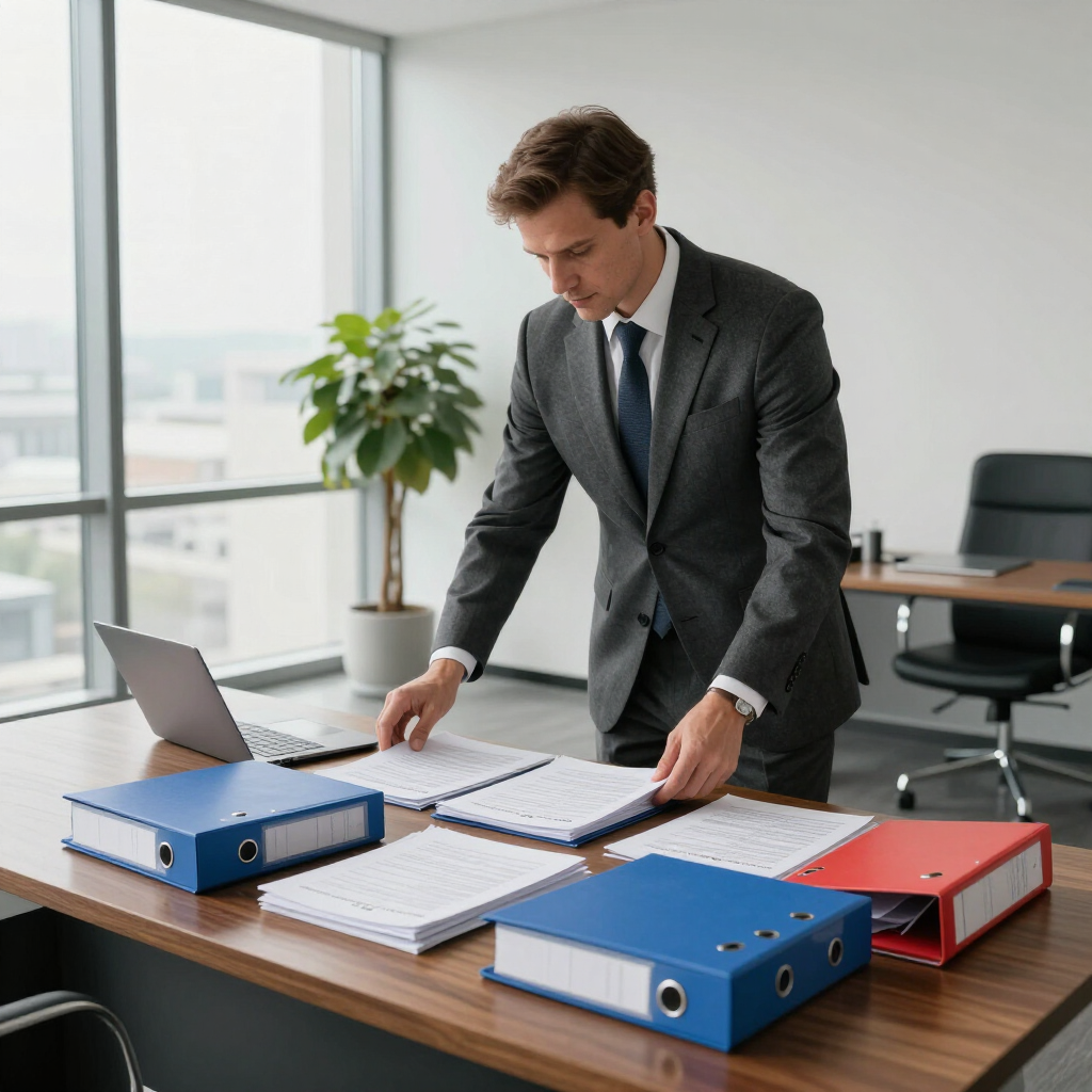 Two open leather portfolios on a wooden desk with printed charts, next to laptops and a pen.