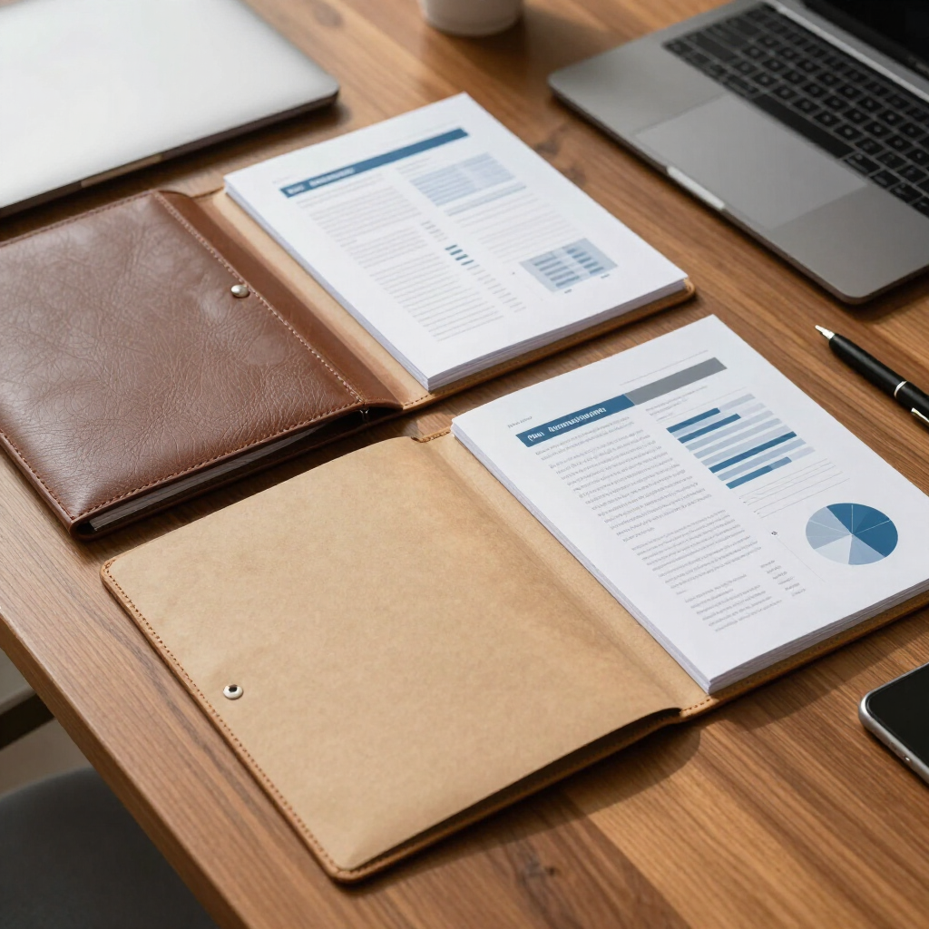 Two open leather portfolios on a wooden desk with printed charts, next to laptops and a pen.
