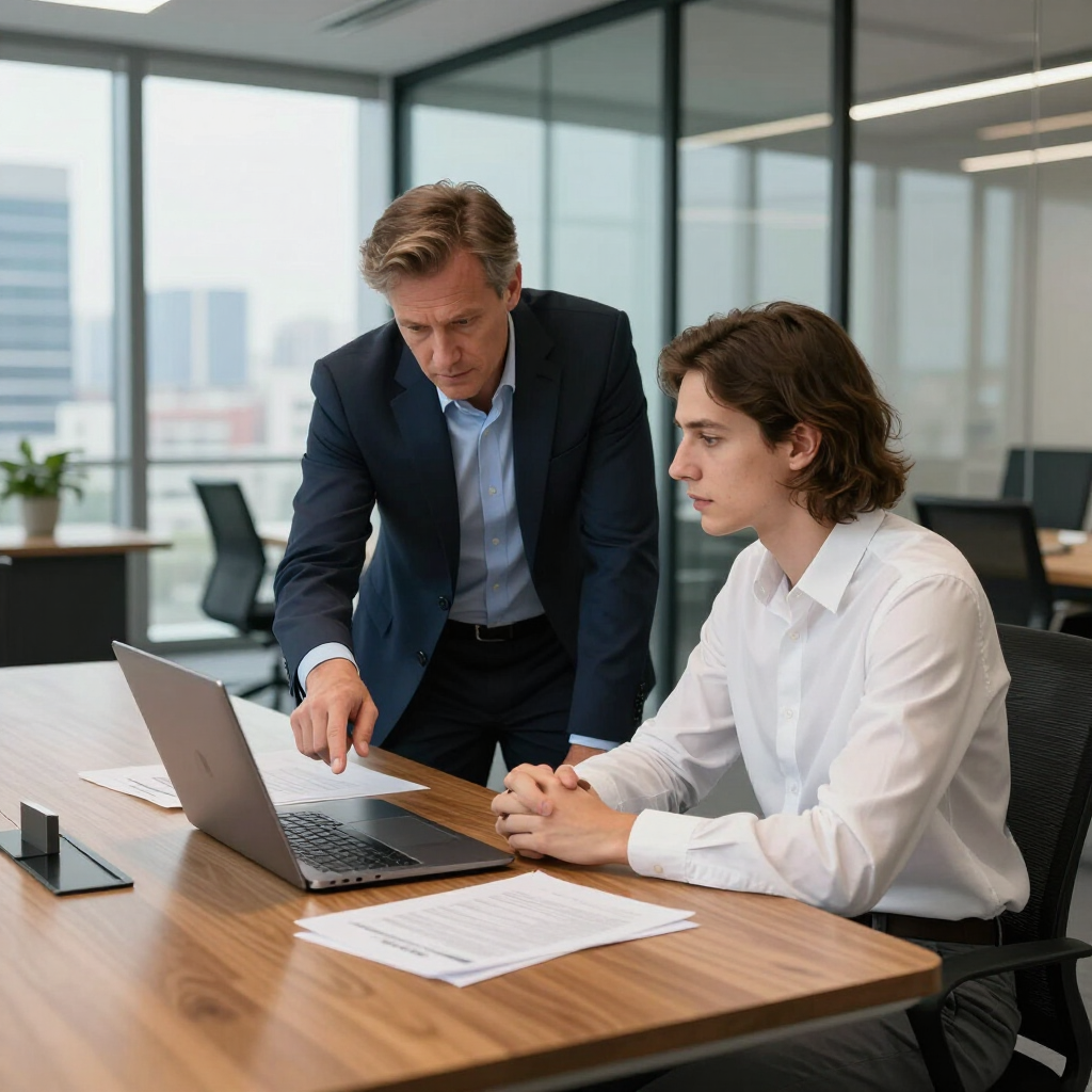 Two coworkers reviewing a laptop in a modern office, with papers spread on a wooden table.
