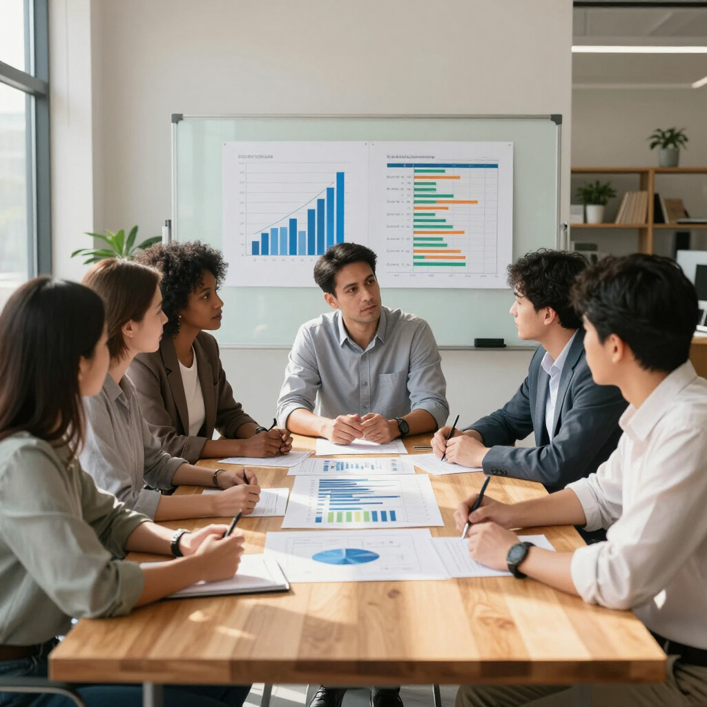 Four coworkers discuss a project at a whiteboard in a glass-walled office.