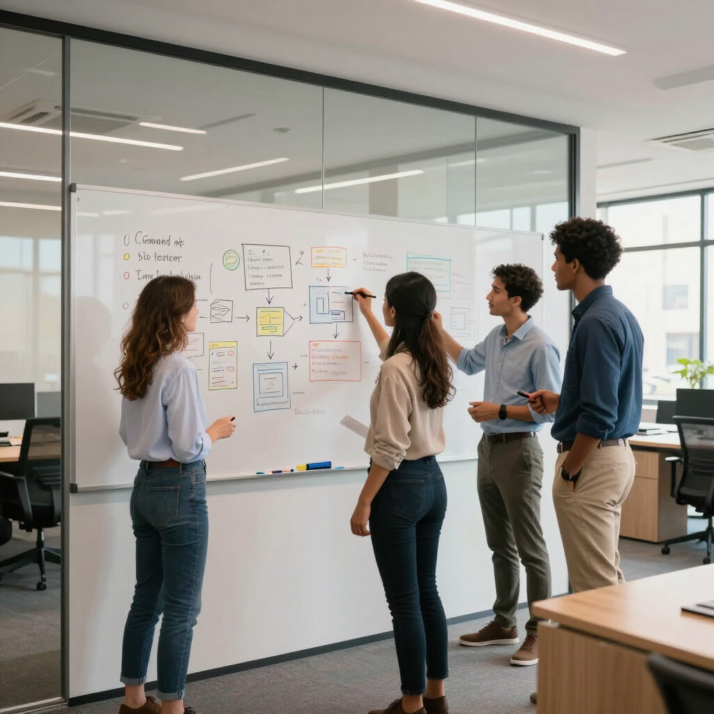 Four coworkers stand at a whiteboard in a glass office, discussing notes and diagrams.