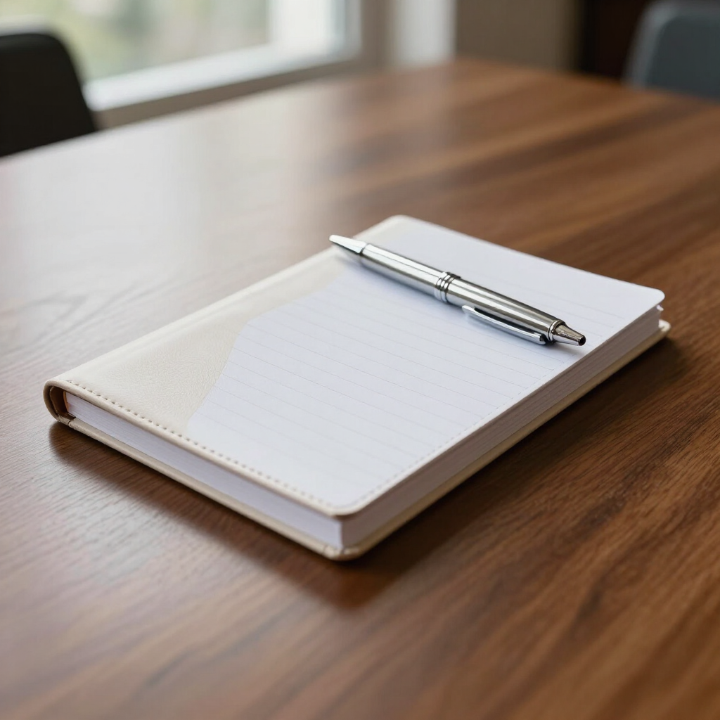 White notebook with silver pen on a wooden table in soft light