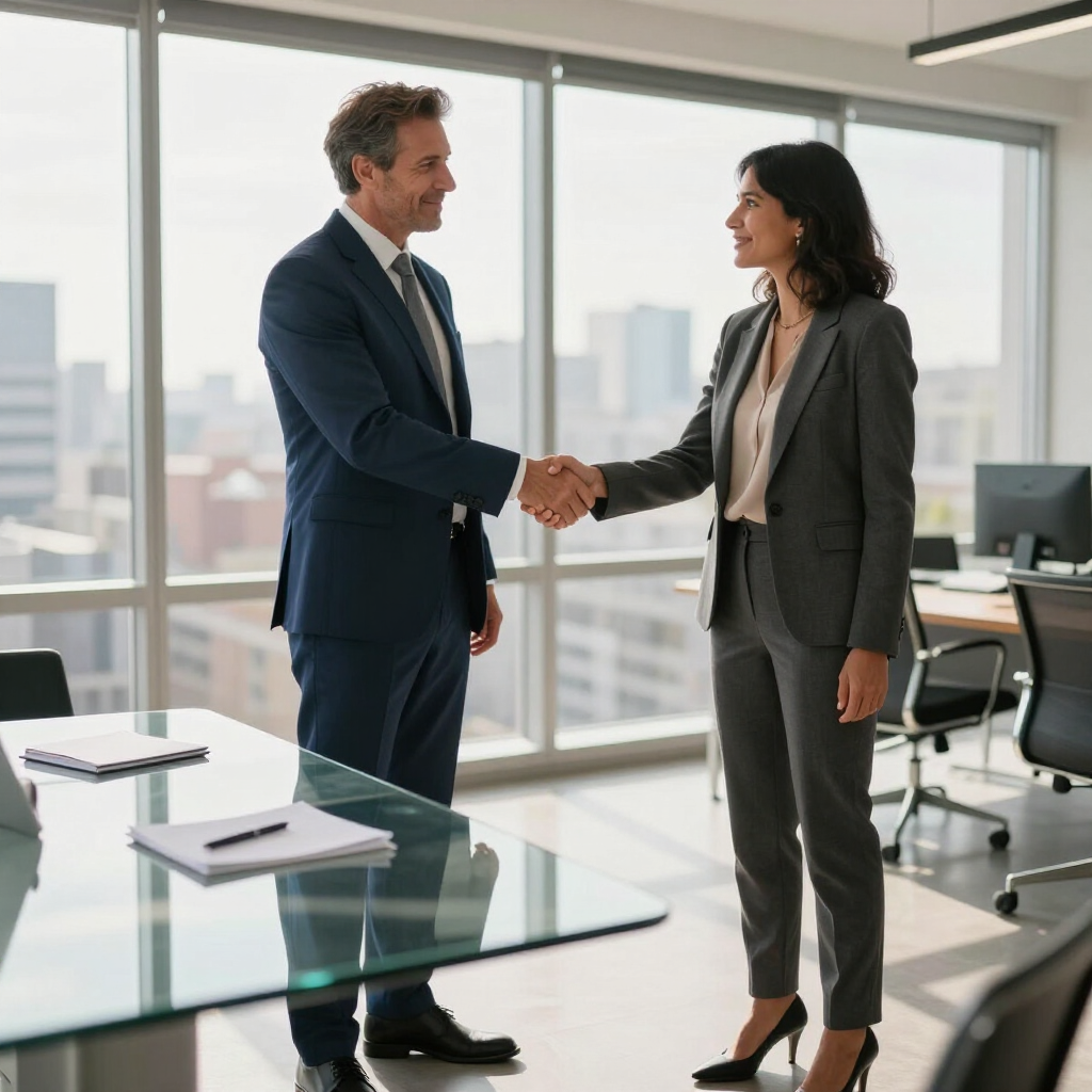 Two professionals discussing notes at a glass table in a bright office