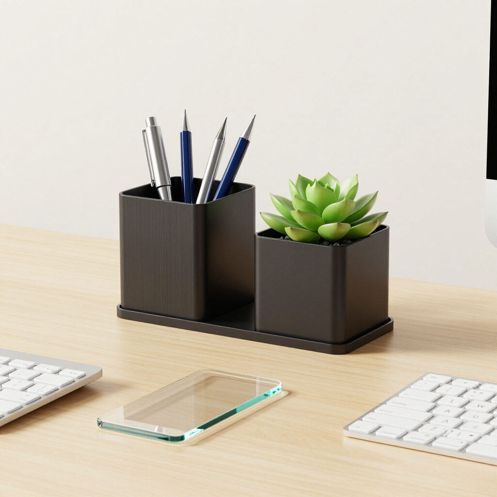 Black desk organizer with pens and a small succulent on a wooden office desk