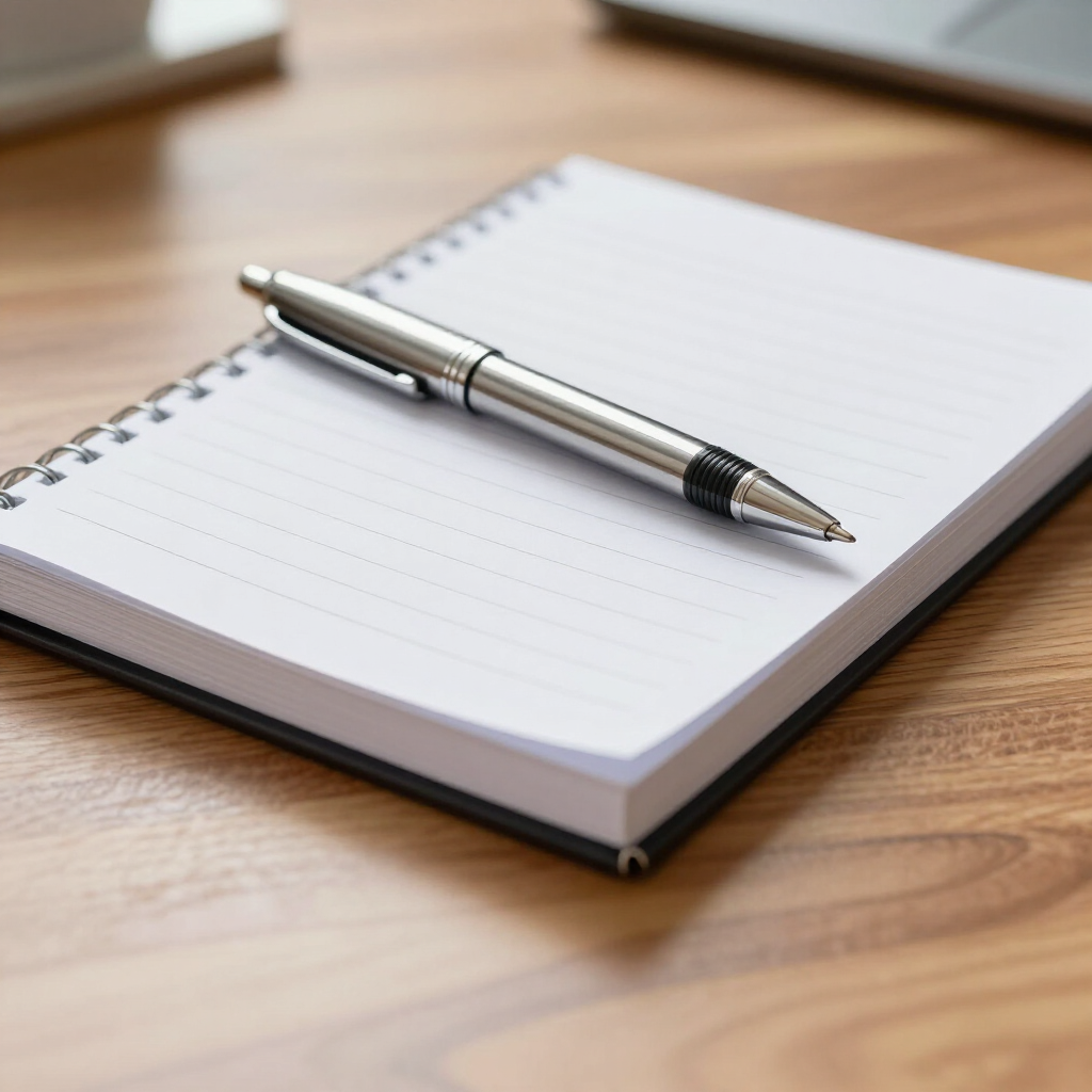White notebook with silver pen on a wooden table in soft light
