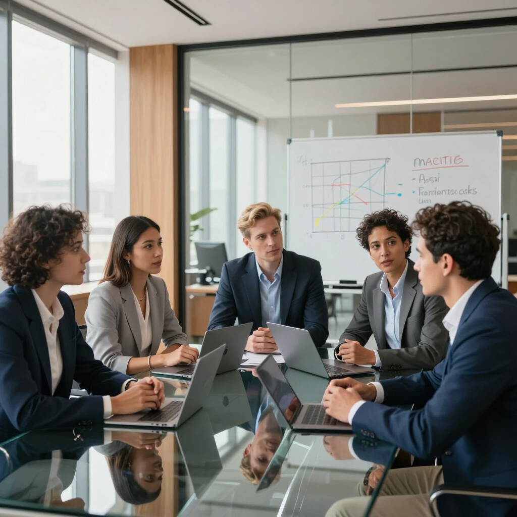 Business meeting in a glass conference room, five people seated around a table with laptops and notes.