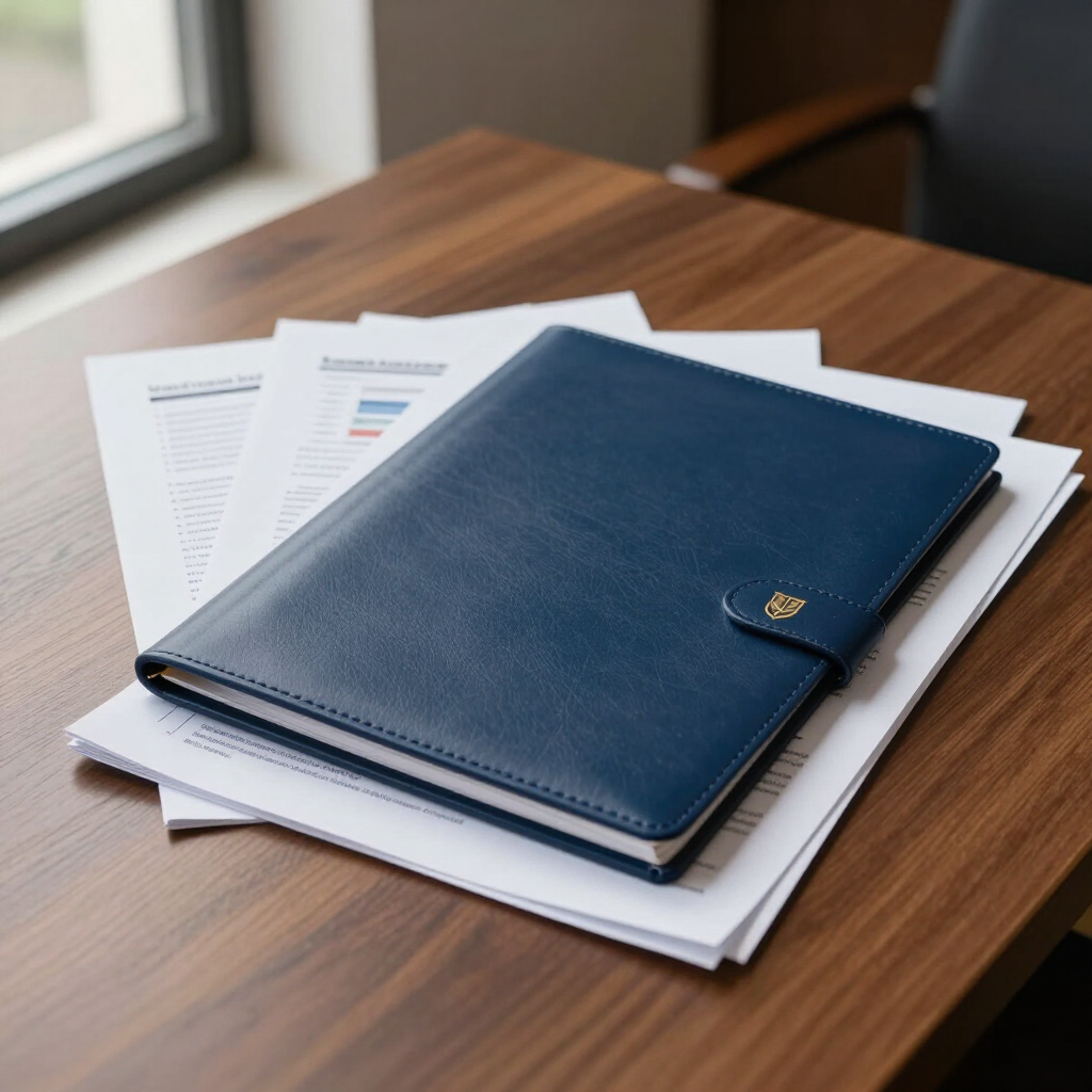 Blue leather portfolio on papers atop a wooden desk by a window.