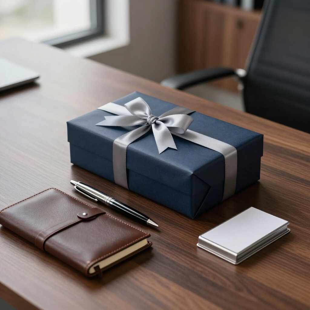 Blue gift box with silver ribbon on a desk beside a brown notebook and stacked cards