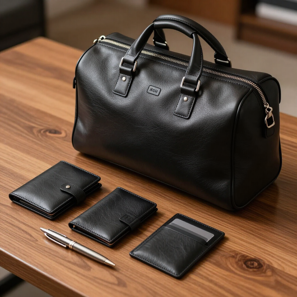 Business traveler in a navy suit walks through an airport terminal carrying a black duffel bag.